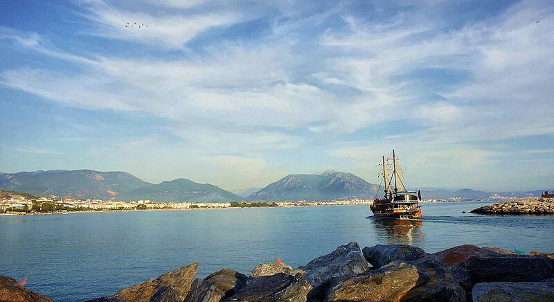 Sailboat in Harbor — Blue, Serene, Afternoon, Photograph, Mountains