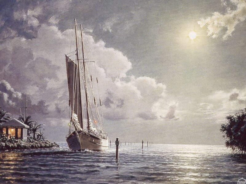 Sailboat in Harbor — Blue, Serene, Night