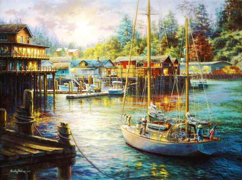 Sailboat in Harbor — Blue, Serene, Sunset, Painting