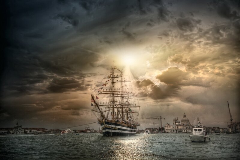 Sailboat in Harbor — Gray, Dramatic