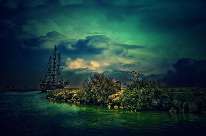 Sailboat in Harbor — Green, Dramatic