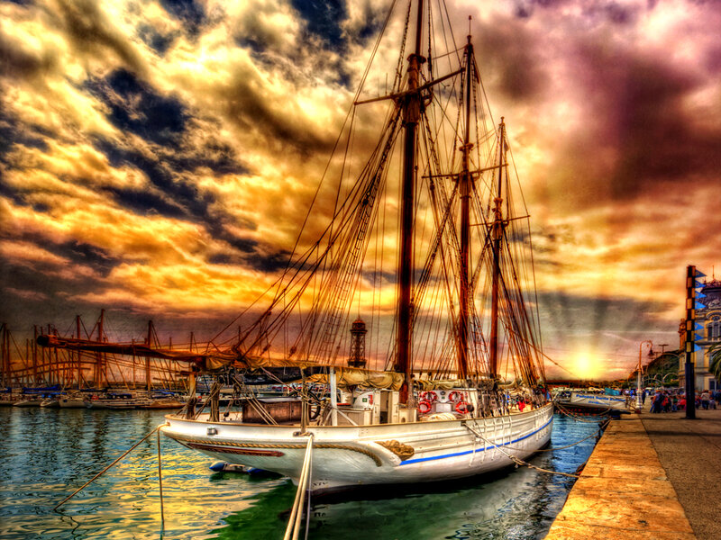 Sailboat in Harbor — Orange, Dramatic, Sunset