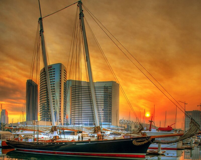 Sailboat in Harbor — Orange, Dramatic