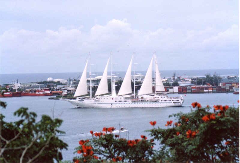 Sailboat in harbor with flowers