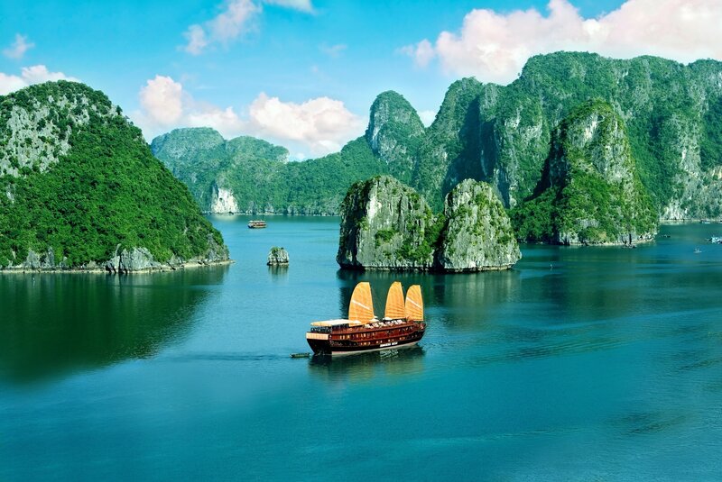 Sailboat in Limestone Karsts