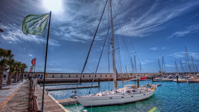 Sailboat in Marina — Blue, Serene, Afternoon, Photograph