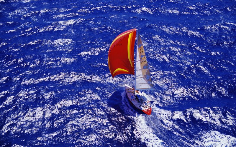 Sailboat in Ocean — Blue, Dynamic, Photograph