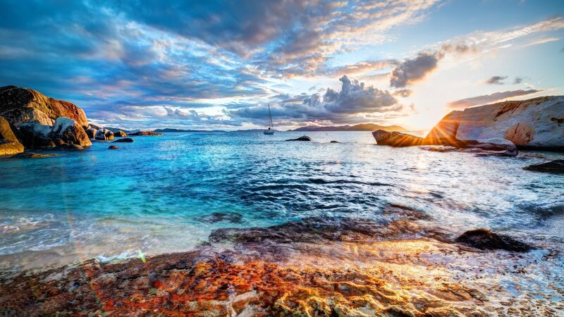 Sailboat in Rocky Cove — Blue, Serene