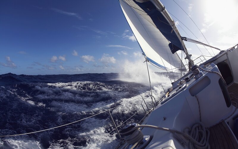 Sailboat in Rough Sea — Blue, Dramatic, Afternoon, Photograph