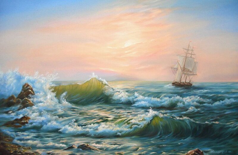Sailboat in Rough Sea — Blue, Dramatic, Sunset