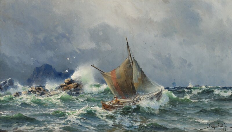 Sailboat in Rough Sea — Blue, Dramatic