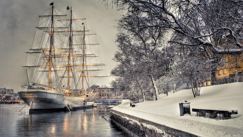 Sailboat in Snowy Harbor — White, Cold
