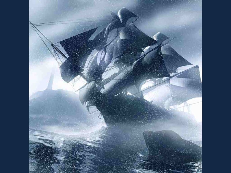Sailboat in Storm — Blue, Dramatic, Digital Art