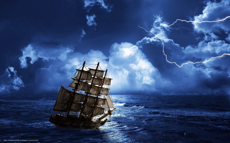 Sailboat in Storm — Blue, Dramatic, Night, Digital Art, Lightning, Ocean