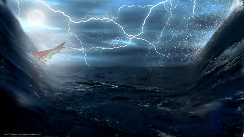 Sailboat in Storm — Blue, Dramatic, Night, Digital Art, Lightning