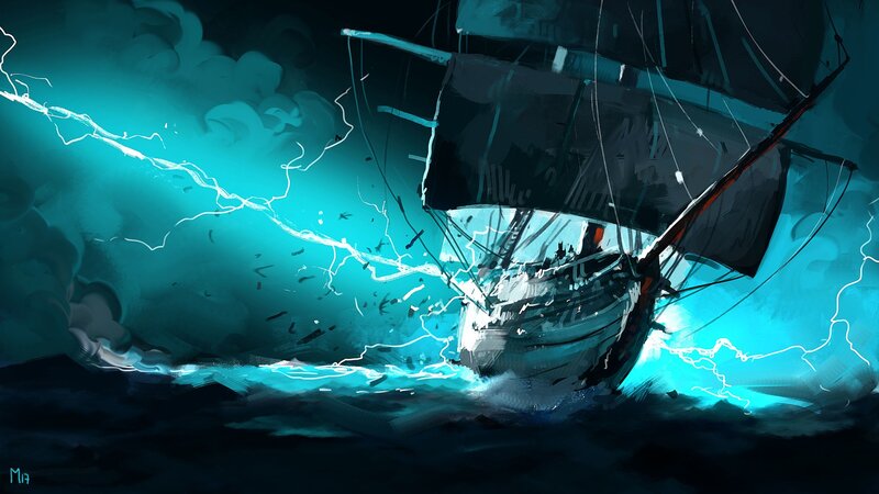 Sailboat in Storm — Blue, Dramatic, Night, Digital Art, Lightning, Waves