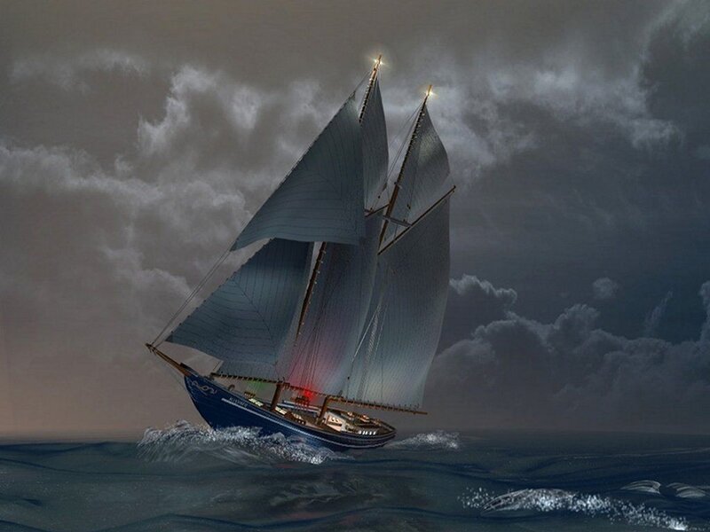 Sailboat in Storm — Blue, Dramatic, Night, Digital Art, Sails