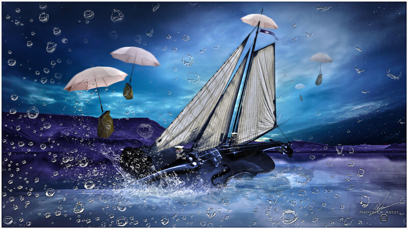 Sailboat in Storm — Blue, Dramatic, Night, Digital Art