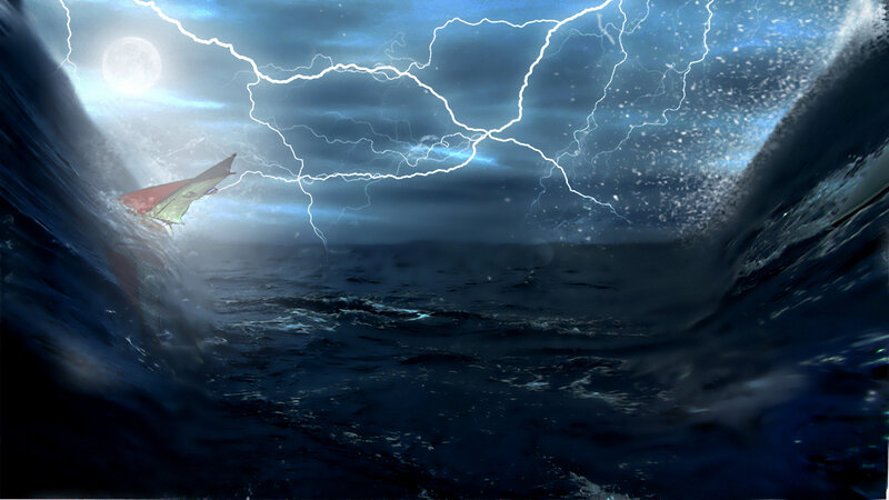 Sailboat in Storm — Blue, Dramatic