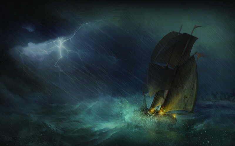 Sailboat in Storm — Dark Blue, Dramatic, Night, Digital Art, Lightning