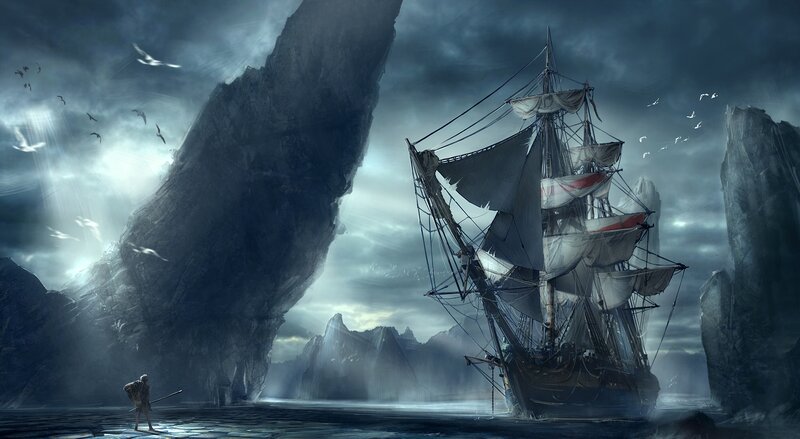 Sailboat in Storm — Gray, Dramatic, Digital Art