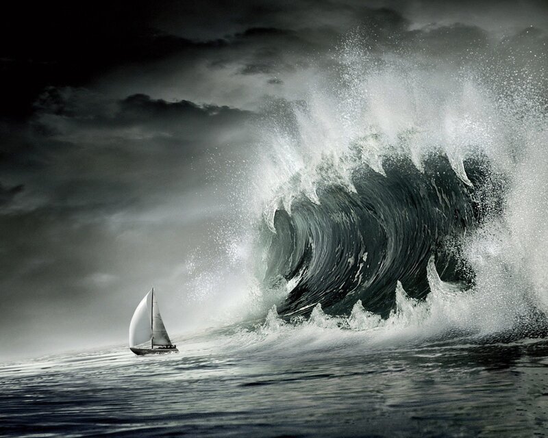 Sailboat in Storm — Gray, Dramatic, Photograph