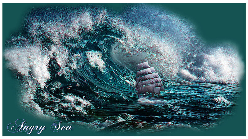 Sailboat in Stormy Sea — Blue, Dramatic, Digital Art