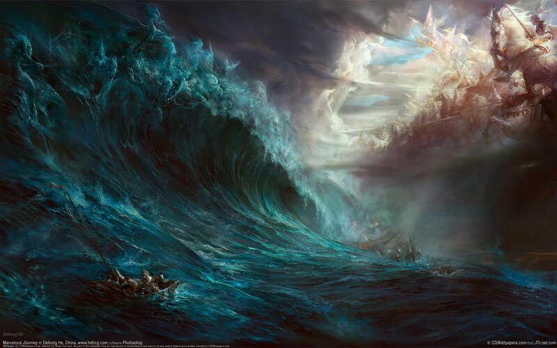 Sailboat in Stormy Sea — Blue, Dramatic, Digital Art, Waves