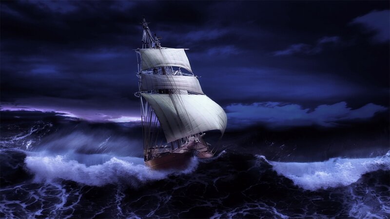 Sailboat in Stormy Sea — Blue, Dramatic, Night, Digital Art, Storm