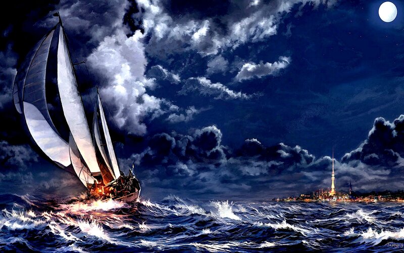 Sailboat in Stormy Sea — Blue, Dramatic, Night, Digital Art