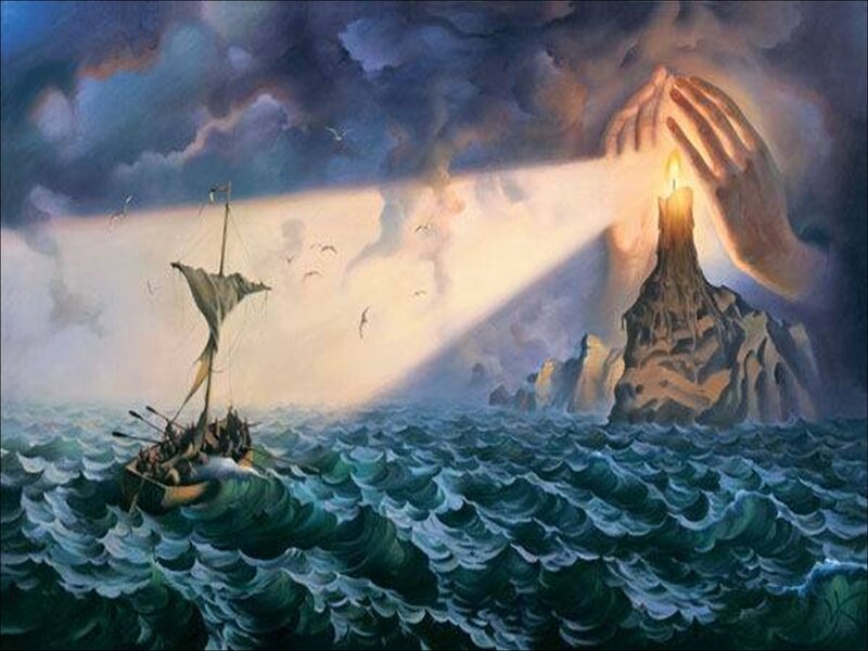 Sailboat in Stormy Sea — Blue, Dramatic, Night, Painting