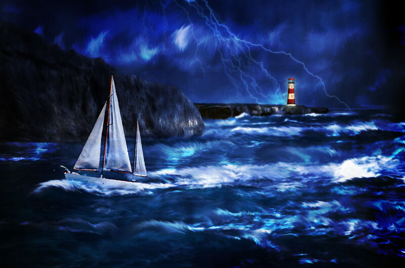 Sailboat in Stormy Sea — Blue, Dramatic, Night