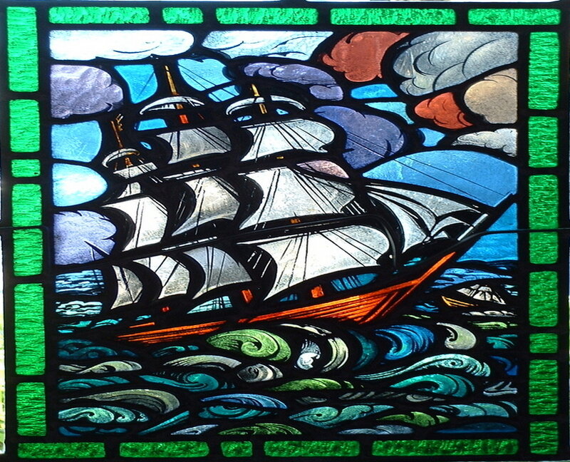 Sailboat in Stormy Sea — Blue, Dramatic, Stained Glass