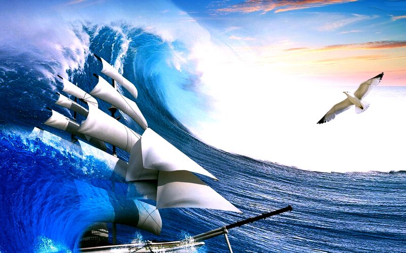 Sailboat in Stormy Sea — Blue, Dramatic, Sunset, Digital Art