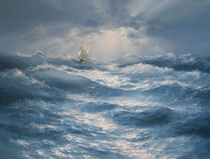 Sailboat in Stormy Sea — Blue, Dramatic