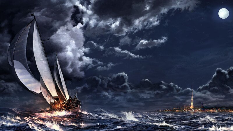 Sailboat in Stormy Sea — Dark Blue, Dramatic, Night, Digital Art