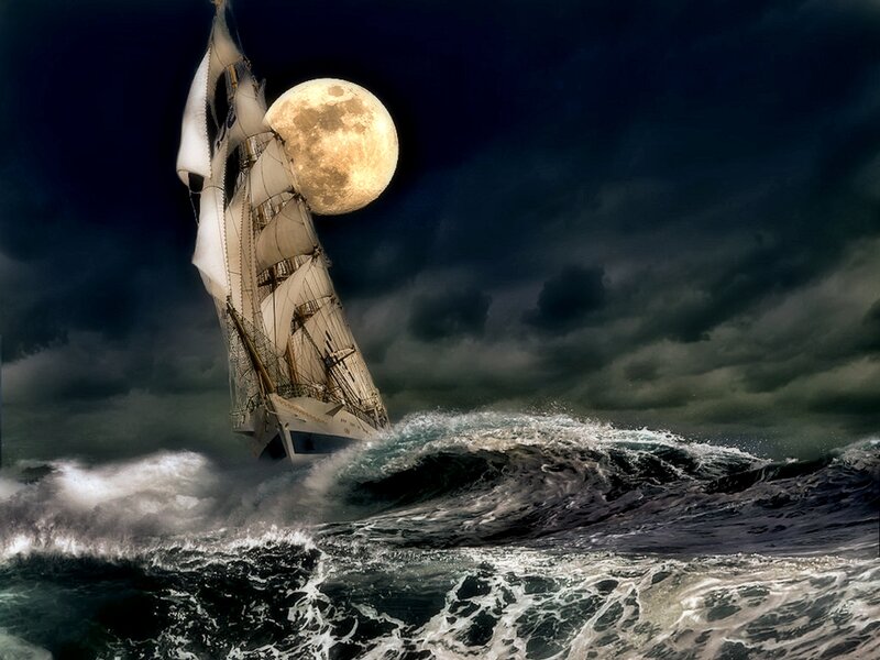 Sailboat in Stormy Sea — Dark Blue, Dramatic, Night
