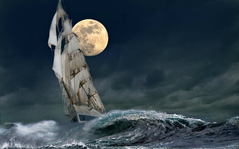 Sailboat in Stormy Sea — Dark Blue, Dramatic