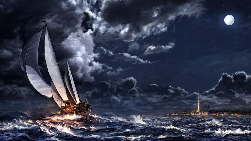 Sailboat in Stormy Sea — Dark Blue