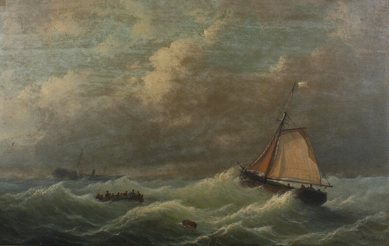 Sailboat in Stormy Sea — Gray, Dramatic, Painting