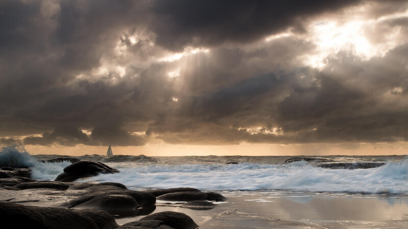 Sailboat in Stormy Sea — Gray, Dramatic, Sunset, Photograph, Clouds