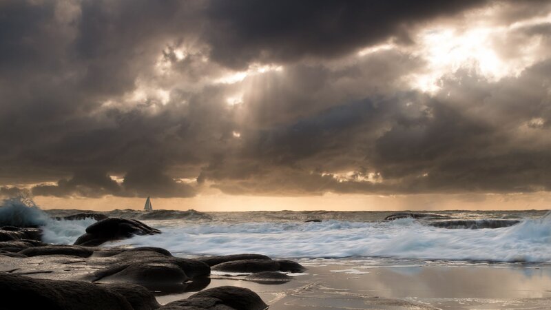 Sailboat in Stormy Sea — Gray, Dramatic, Sunset, Photograph