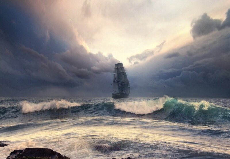 Sailboat in Stormy Sea — Gray, Dramatic, Sunset