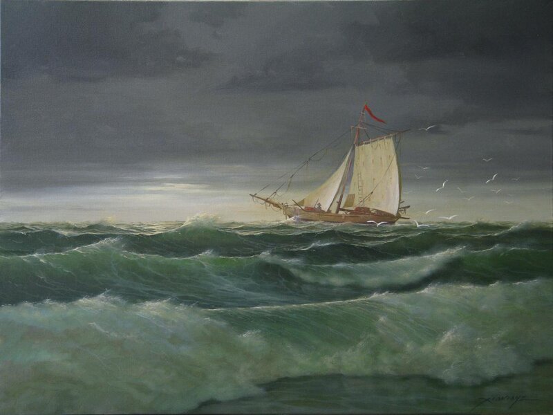 Sailboat in Stormy Sea — Green, Dramatic, Painting