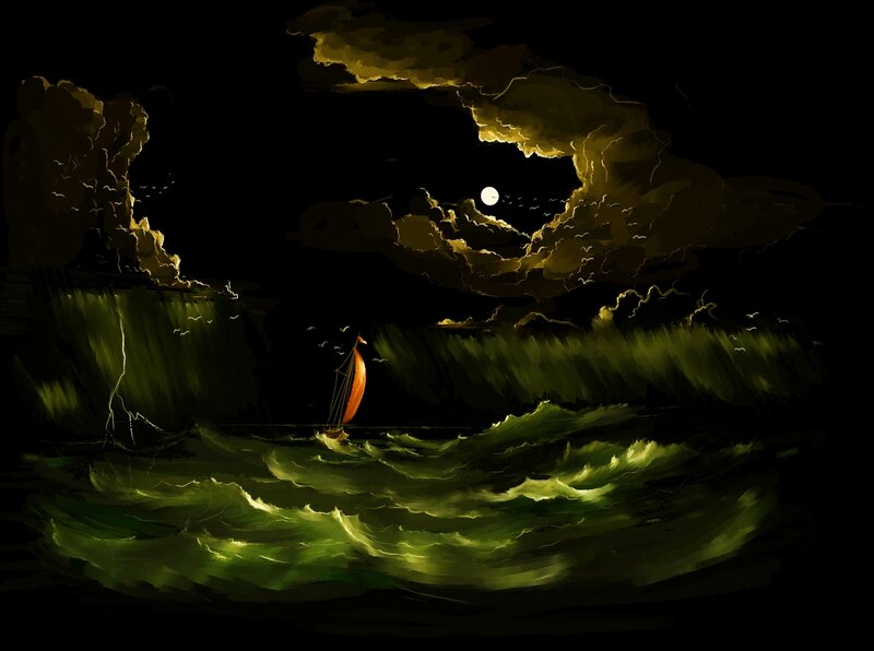 Sailboat in Stormy Sea — Green, Dramatic