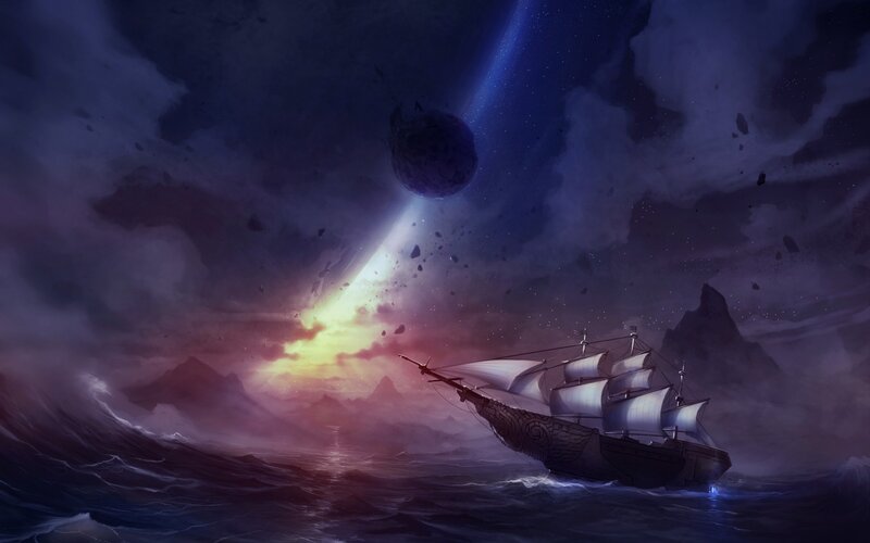 Sailboat in Stormy Sea — Purple, Dramatic, Night, Digital Art