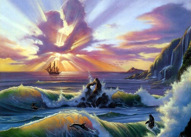 Sailboat in Stormy Sea — Purple, Dramatic