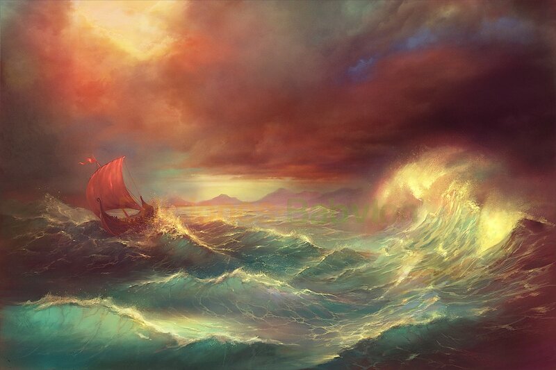 Sailboat in Stormy Sea — Red