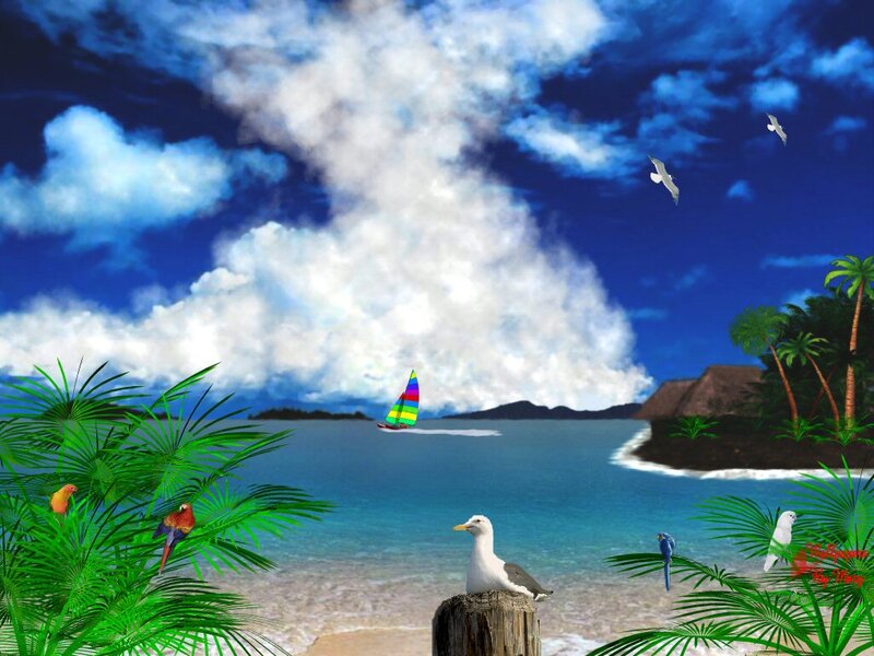 Sailboat in Tropical Bay — Blue, Serene, Afternoon, Digital Art, Parrots