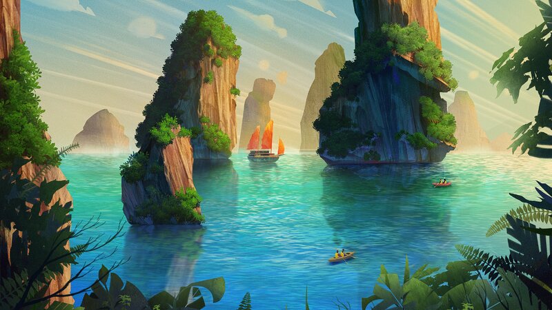 Sailboat in Tropical Bay — Blue, Serene, Afternoon, Digital Art, Rock Formations